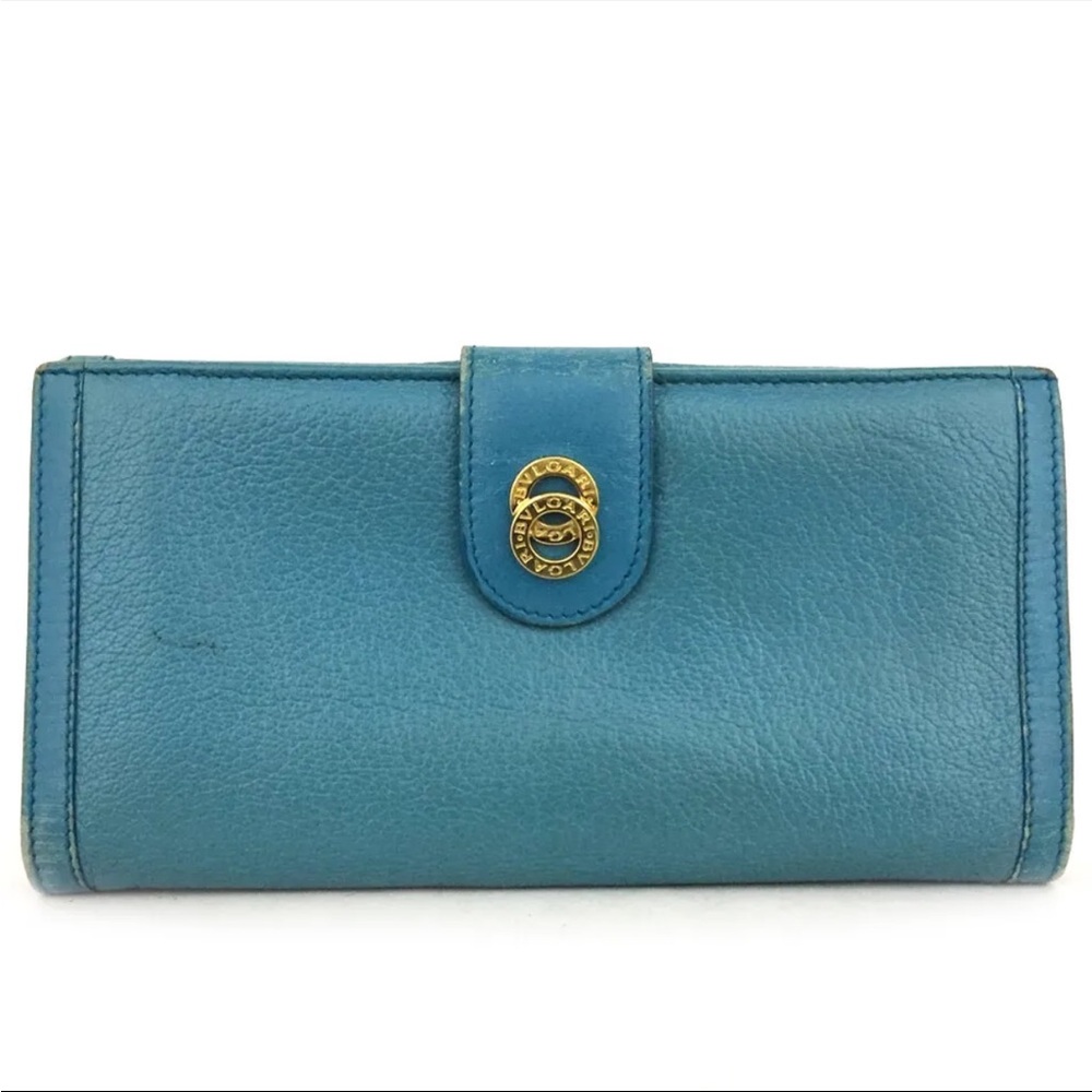BVLGARI Bulgari Doppio Tondo Blue Leather Bifold Long Wallet